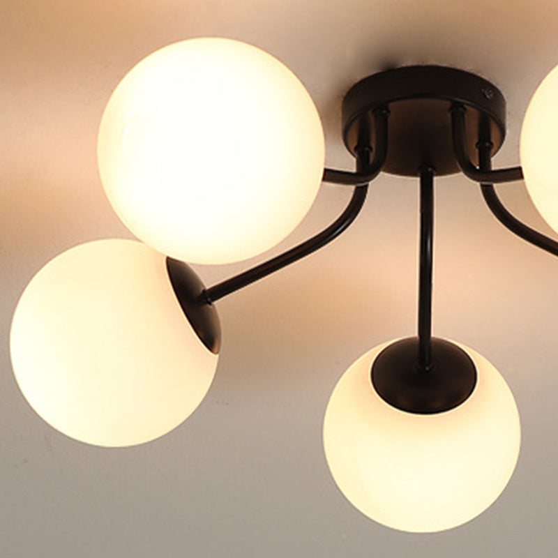 Modern Minimalist Curved Pole Globe Iron Glass 3/5 Light Semi-flush Mount Ceiling Light for Living Room