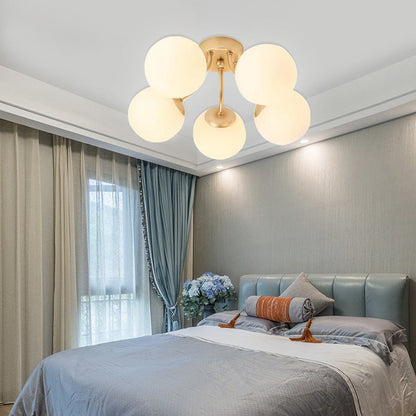 Modern Minimalist Curved Pole Globe Iron Glass 3/5 Light Semi-flush Mount Ceiling Light for Living Room