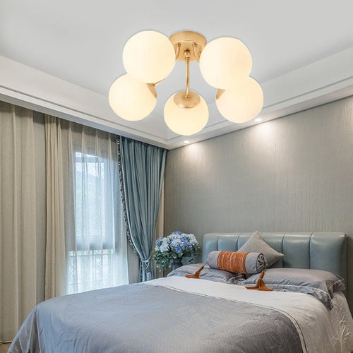 Modern Minimalist Curved Pole Globe Iron Glass 3/5 Light Semi-flush Mount Ceiling Light for Living Room