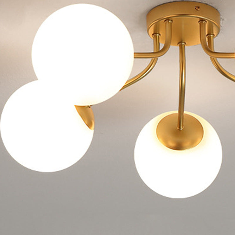 Modern Minimalist Curved Pole Globe Iron Glass 3/5 Light Semi-flush Mount Ceiling Light for Living Room