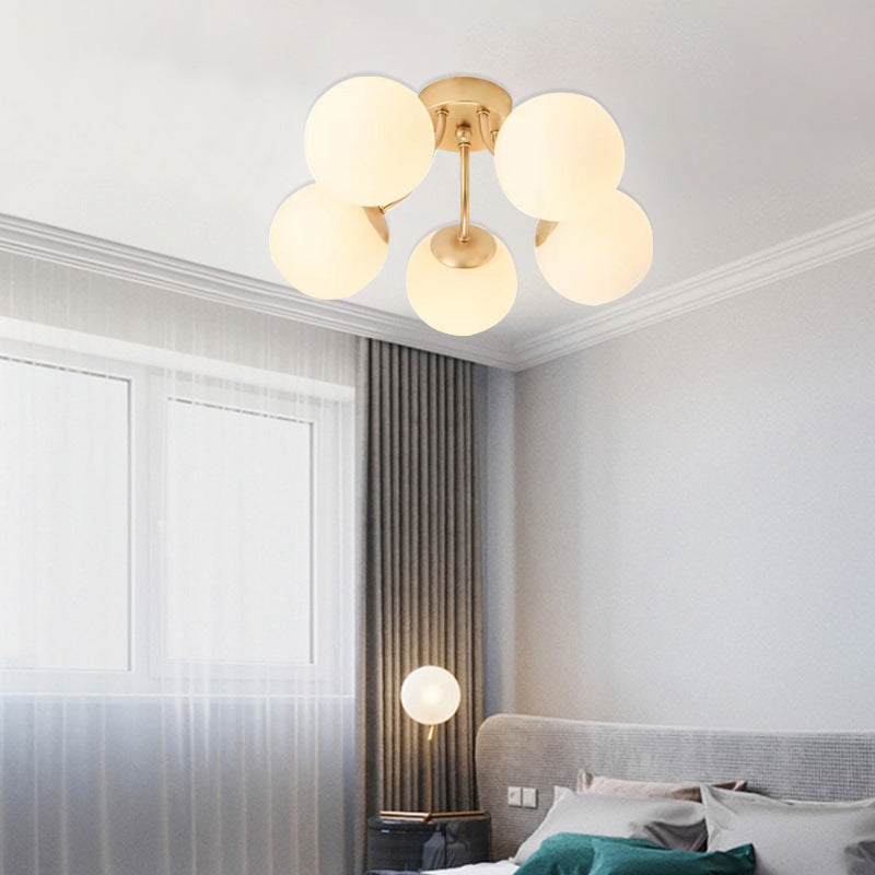 Modern Minimalist Curved Pole Globe Iron Glass 3/5 Light Semi-flush Mount Ceiling Light for Living Room