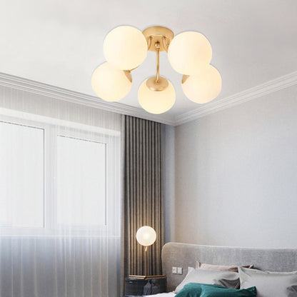 Modern Minimalist Curved Pole Globe Iron Glass 3/5 Light Semi-flush Mount Ceiling Light for Living Room