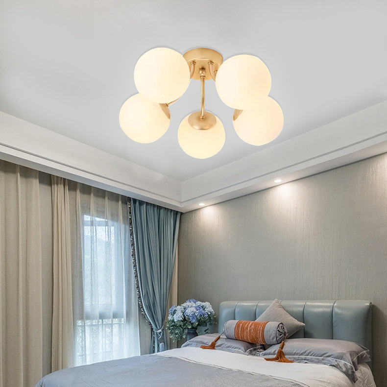 Modern Minimalist Curved Pole Globe Iron Glass 3/5 Light Semi-flush Mount Ceiling Light for Living Room