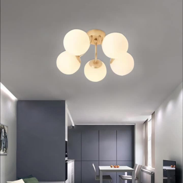 Modern Minimalist Curved Pole Globe Iron Glass 3/5 Light Semi-flush Mount Ceiling Light for Living Room
