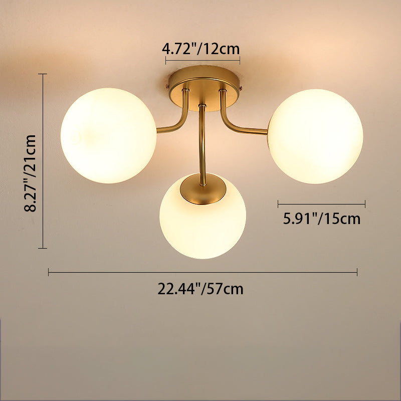 Modern Minimalist Curved Pole Globe Iron Glass 3/5 Light Semi-flush Mount Ceiling Light for Living Room