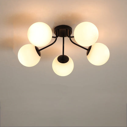 Modern Minimalist Curved Pole Globe Iron Glass 3/5 Light Semi-flush Mount Ceiling Light for Living Room