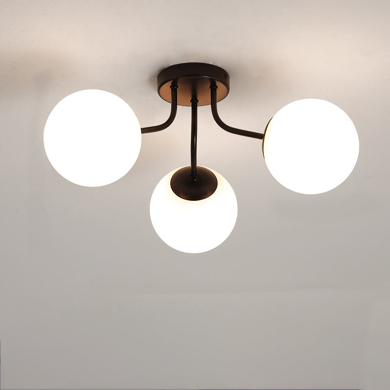 Modern Minimalist Curved Pole Globe Iron Glass 3/5 Light Semi-flush Mount Ceiling Light for Living Room