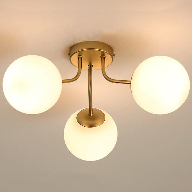 Modern Minimalist Curved Pole Globe Iron Glass 3/5 Light Semi-flush Mount Ceiling Light for Living Room