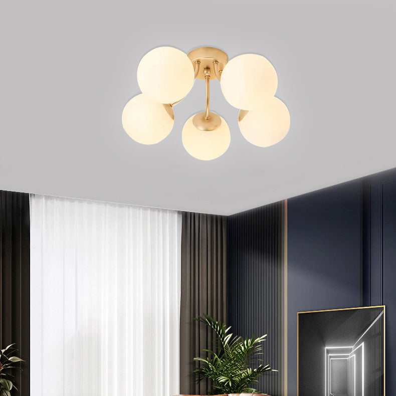 Modern Minimalist Curved Pole Globe Iron Glass 3/5 Light Semi-flush Mount Ceiling Light for Living Room