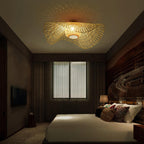 Traditional Chinese Round Straw Hat Shape Bamboo 1-light Semi-flush Mount Ceiling Light for Living Room
