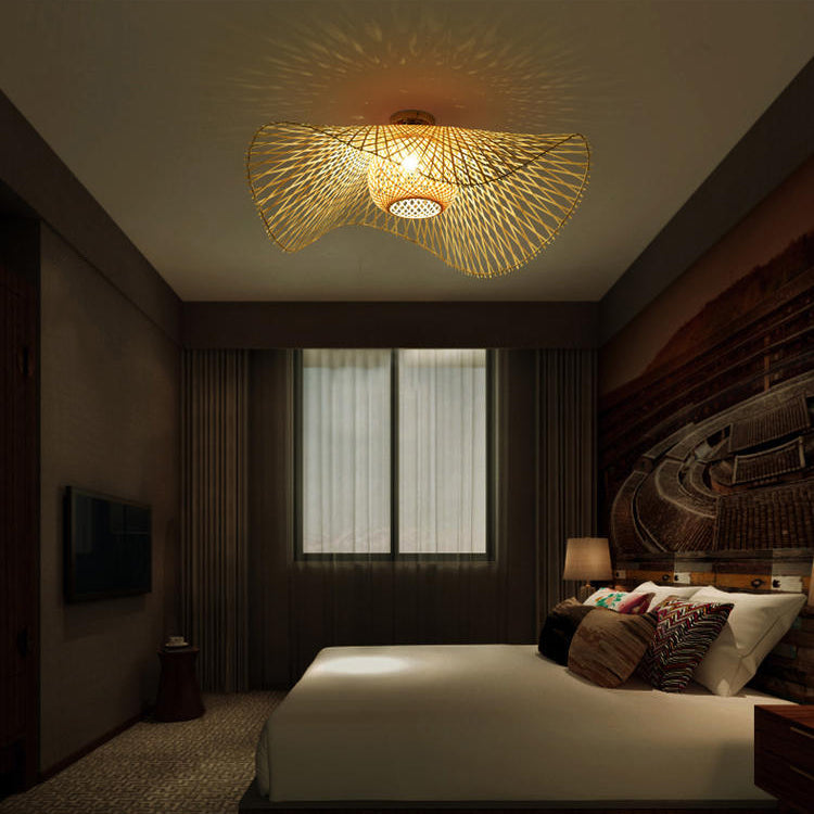 Traditional Chinese Round Straw Hat Shape Bamboo 1-light Semi-flush Mount Ceiling Light for Living Room
