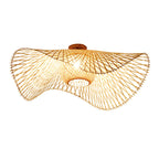 Traditional Chinese Round Straw Hat Shape Bamboo 1-light Semi-flush Mount Ceiling Light for Living Room