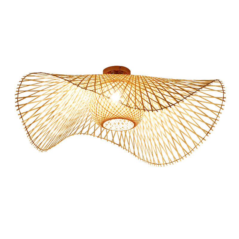 Traditional Chinese Round Straw Hat Shape Bamboo 1-light Semi-flush Mount Ceiling Light for Living Room