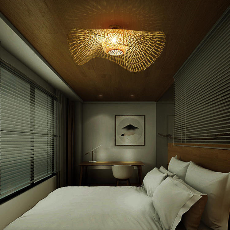Traditional Chinese Round Straw Hat Shape Bamboo 1-light Semi-flush Mount Ceiling Light for Living Room