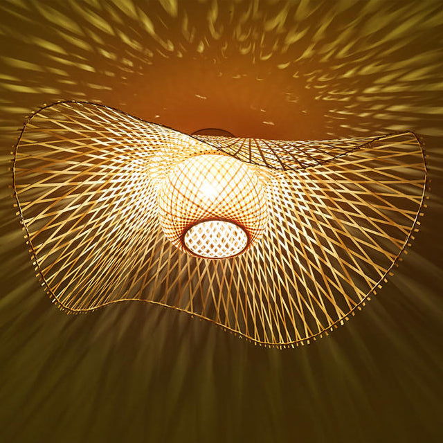 Traditional Chinese Round Straw Hat Shape Bamboo 1-light Semi-flush Mount Ceiling Light for Living Room