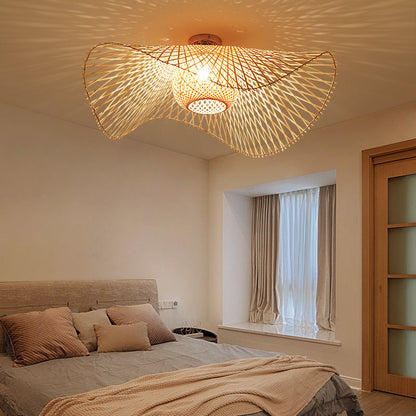 Traditional Chinese Round Straw Hat Shape Bamboo 1-light Semi-flush Mount Ceiling Light for Living Room