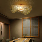 Traditional Chinese Round Straw Hat Shape Bamboo 1-light Semi-flush Mount Ceiling Light for Living Room