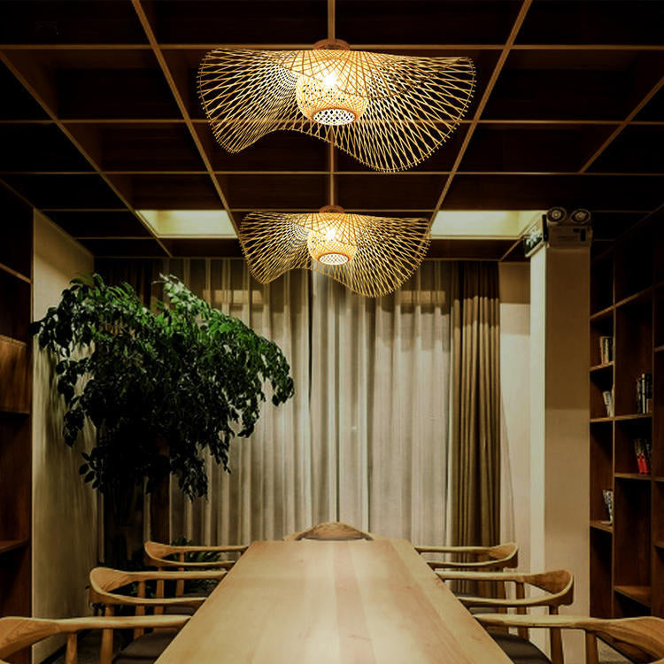 Traditional Chinese Round Straw Hat Shape Bamboo 1-light Semi-flush Mount Ceiling Light for Living Room