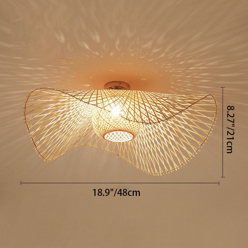 Traditional Chinese Round Straw Hat Shape Bamboo 1-light Semi-flush Mount Ceiling Light for Living Room