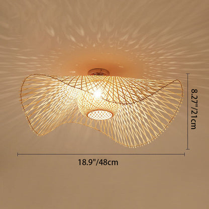Traditional Chinese Round Straw Hat Shape Bamboo 1-light Semi-flush Mount Ceiling Light for Living Room