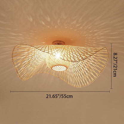 Traditional Chinese Round Straw Hat Shape Bamboo 1-light Semi-flush Mount Ceiling Light for Living Room