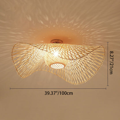 Traditional Chinese Round Straw Hat Shape Bamboo 1-light Semi-flush Mount Ceiling Light for Living Room