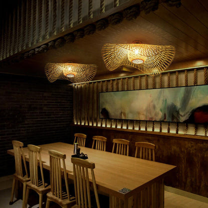 Traditional Chinese Round Straw Hat Shape Bamboo 1-light Semi-flush Mount Ceiling Light for Living Room