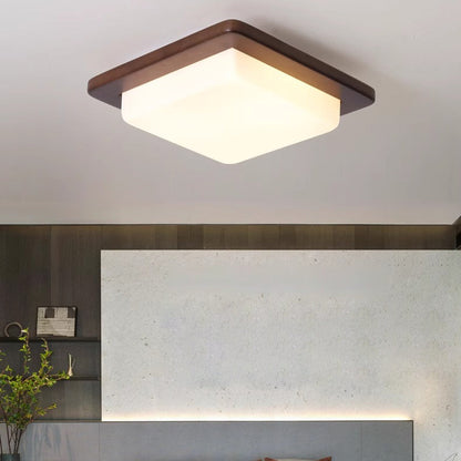 Traditional Chinese Square Solid Wood Acrylic Shade LED Flush Mount Ceiling Light For Bedroom