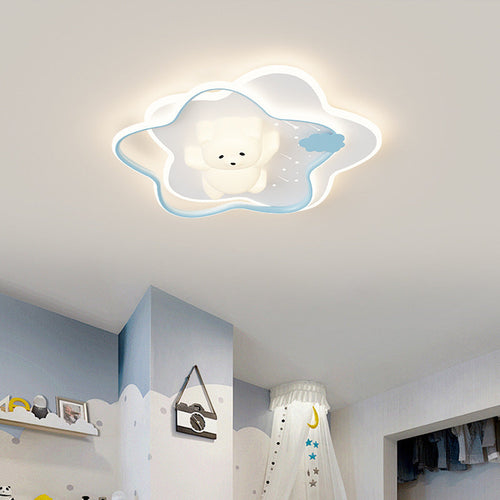 Contemporary Creative Kids Star Moon Rabbit Bear Iron Plastic LED Flush Mount Ceiling Light for Bedroom