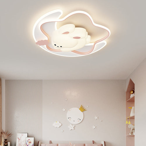 Contemporary Creative Kids Star Moon Rabbit Bear Iron Plastic LED Flush Mount Ceiling Light for Bedroom