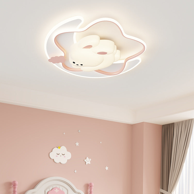 Contemporary Creative Kids Star Moon Rabbit Bear Iron Plastic LED Flush Mount Ceiling Light for Bedroom