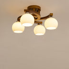 Contemporary Retro Round Dome Branch Solid Wood Frame Glass Shade 3/4/6 Light Semi-Flush Mount Ceiling Light For Living Room