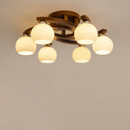 Contemporary Retro Round Dome Branch Solid Wood Frame Glass Shade 3/4/6 Light Semi-Flush Mount Ceiling Light For Living Room