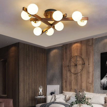 Traditional Chinese Long Round Ball Wooden Copper Frame Glass Shade 3/6/9 Light Semi-flush Mount Ceiling Light for Living Room