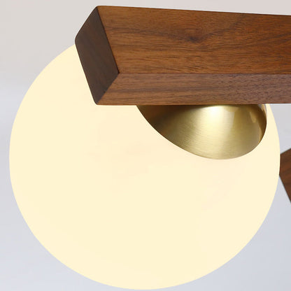 Traditional Chinese Long Round Ball Wooden Copper Frame Glass Shade 3/6/9 Light Semi-flush Mount Ceiling Light for Living Room