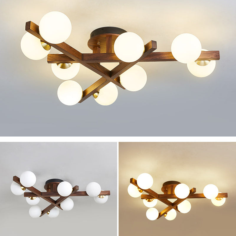 Traditional Chinese Long Round Ball Wooden Copper Frame Glass Shade 3/6/9 Light Semi-flush Mount Ceiling Light for Living Room