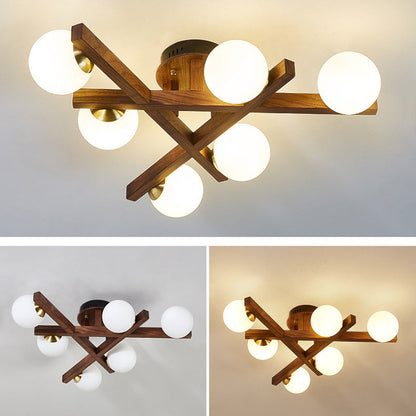 Traditional Chinese Long Round Ball Wooden Copper Frame Glass Shade 3/6/9 Light Semi-flush Mount Ceiling Light for Living Room