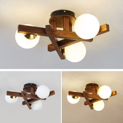 Traditional Chinese Long Round Ball Wooden Copper Frame Glass Shade 3/6/9 Light Semi-flush Mount Ceiling Light for Living Room