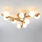 Traditional Chinese Long Round Ball Wooden Copper Frame Glass Shade 3/6/9 Light Semi-flush Mount Ceiling Light for Living Room