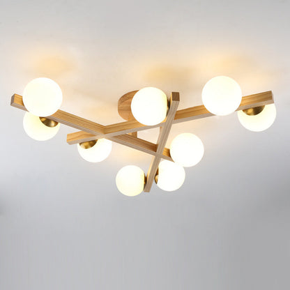 Traditional Chinese Long Round Ball Wooden Copper Frame Glass Shade 3/6/9 Light Semi-flush Mount Ceiling Light for Living Room