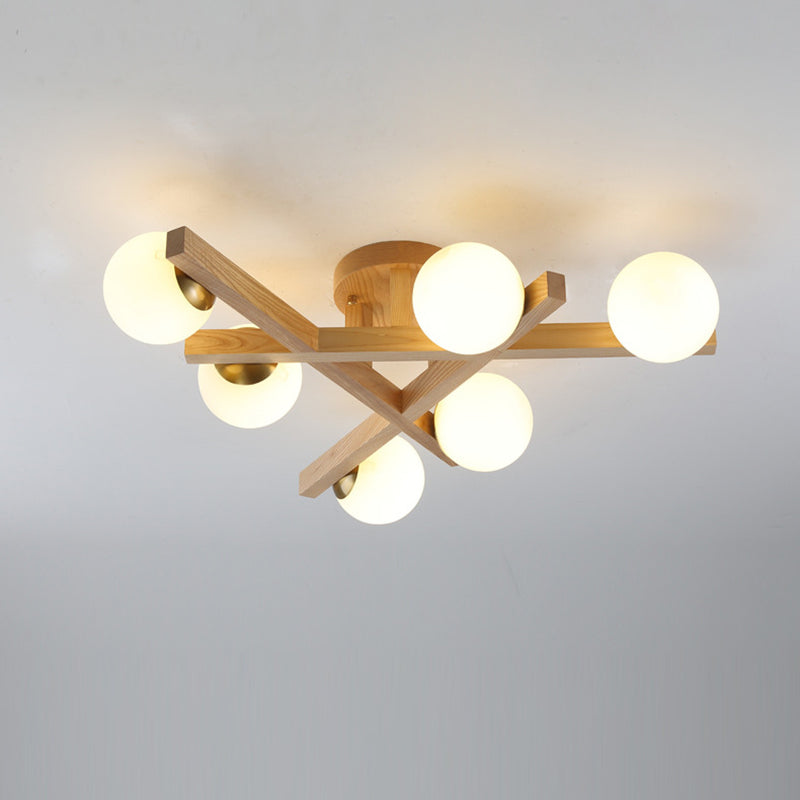 Traditional Chinese Long Round Ball Wooden Copper Frame Glass Shade 3/6/9 Light Semi-flush Mount Ceiling Light for Living Room