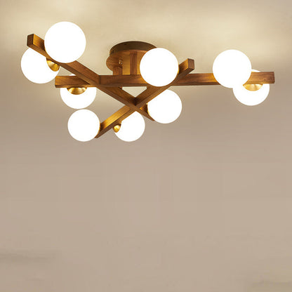 Traditional Chinese Long Round Ball Wooden Copper Frame Glass Shade 3/6/9 Light Semi-flush Mount Ceiling Light for Living Room
