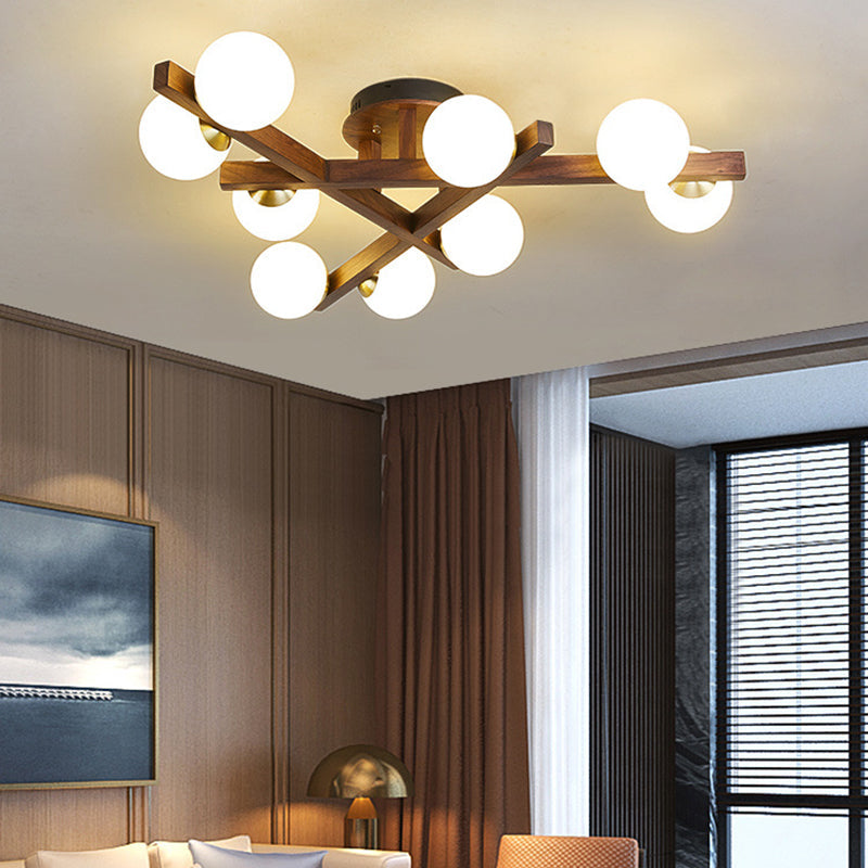 Traditional Chinese Long Round Ball Wooden Copper Frame Glass Shade 3/6/9 Light Semi-flush Mount Ceiling Light for Living Room
