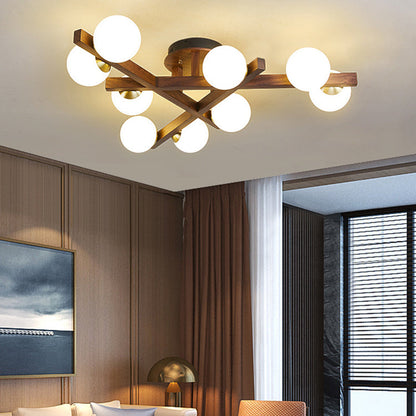 Traditional Chinese Long Round Ball Wooden Copper Frame Glass Shade 3/6/9 Light Semi-flush Mount Ceiling Light for Living Room