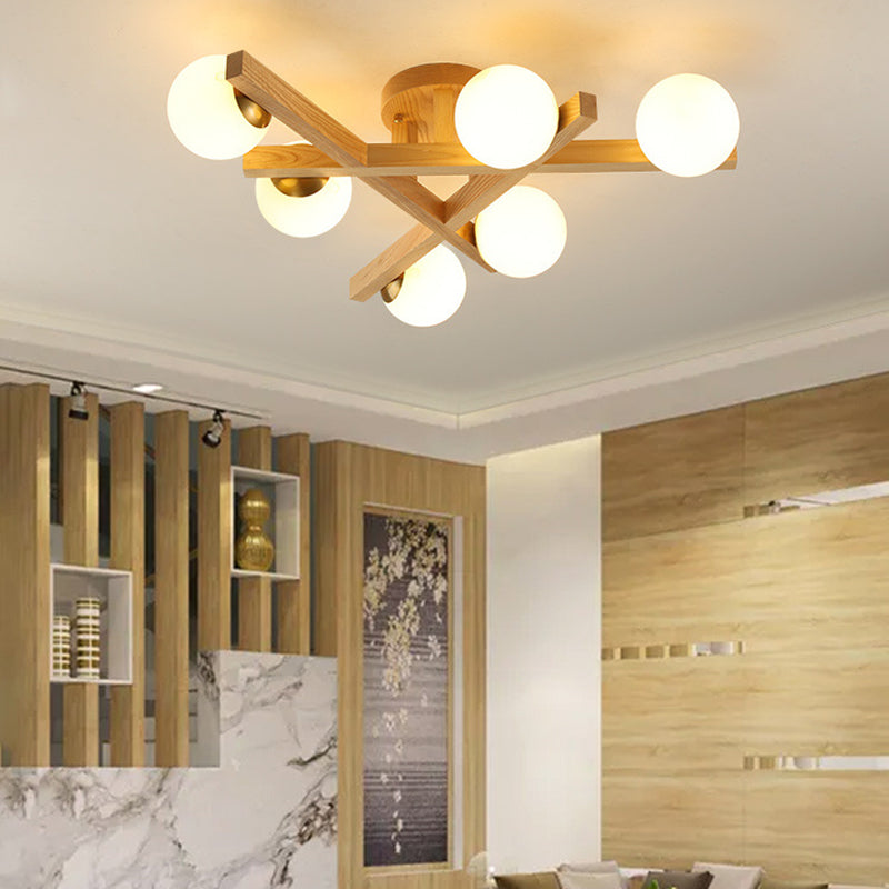 Traditional Chinese Long Round Ball Wooden Copper Frame Glass Shade 3/6/9 Light Semi-flush Mount Ceiling Light for Living Room
