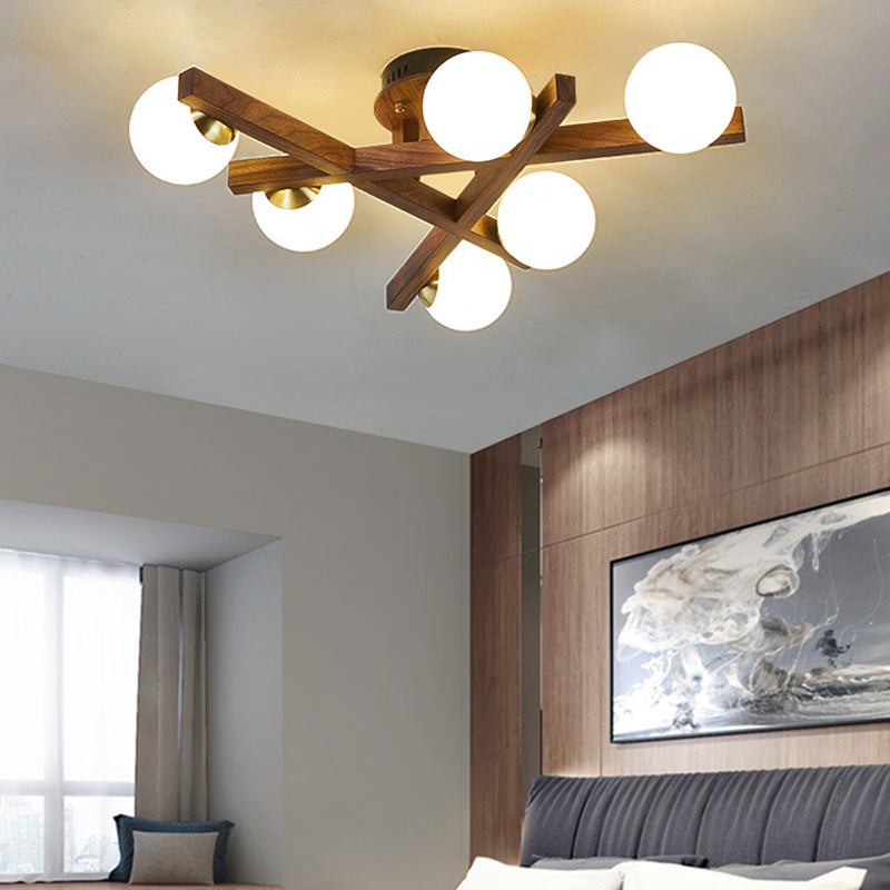 Traditional Chinese Long Round Ball Wooden Copper Frame Glass Shade 3/6/9 Light Semi-flush Mount Ceiling Light for Living Room
