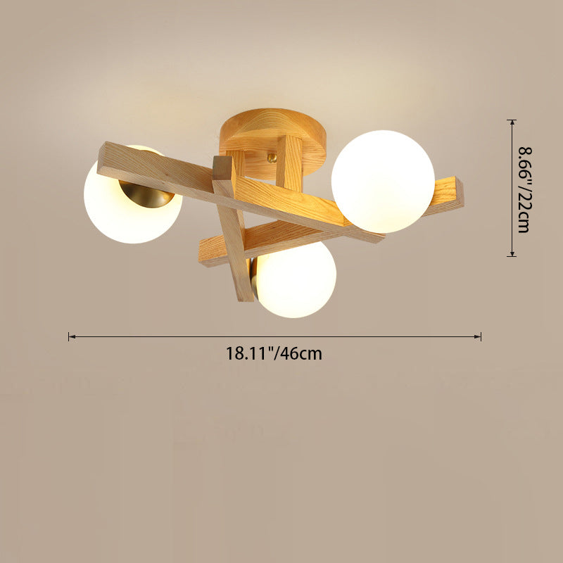Traditional Chinese Long Round Ball Wooden Copper Frame Glass Shade 3/6/9 Light Semi-flush Mount Ceiling Light for Living Room