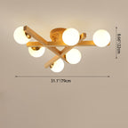 Traditional Chinese Long Round Ball Wooden Copper Frame Glass Shade 3/6/9 Light Semi-flush Mount Ceiling Light for Living Room