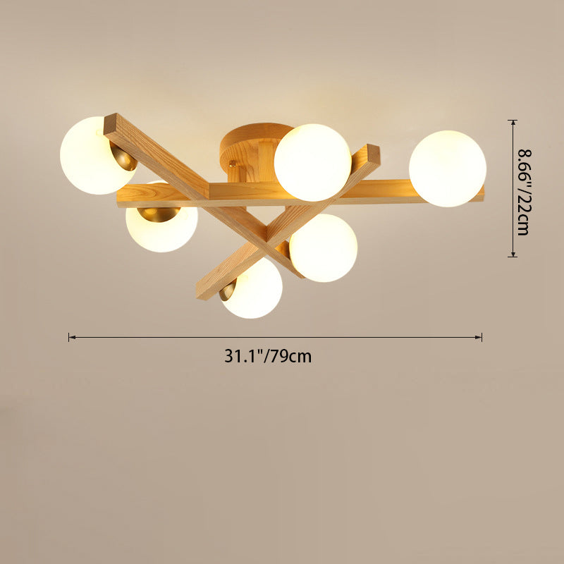 Traditional Chinese Long Round Ball Wooden Copper Frame Glass Shade 3/6/9 Light Semi-flush Mount Ceiling Light for Living Room