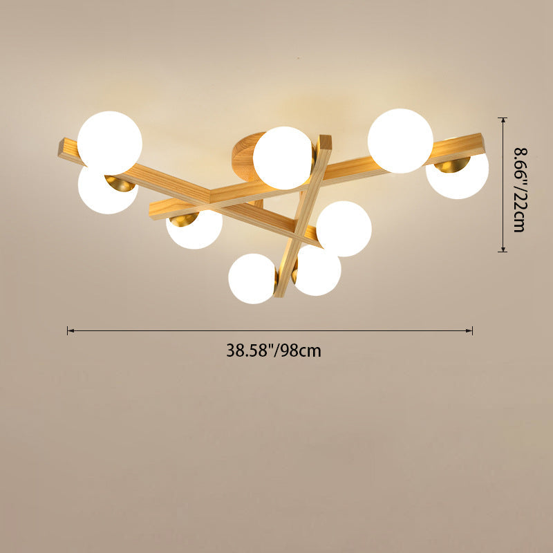 Traditional Chinese Long Round Ball Wooden Copper Frame Glass Shade 3/6/9 Light Semi-flush Mount Ceiling Light for Living Room